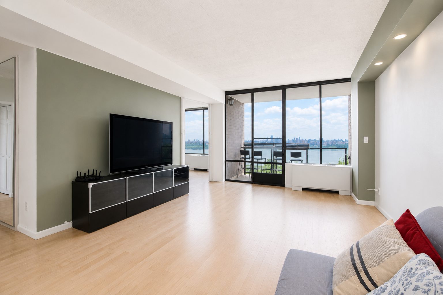 Living room with city skyline view